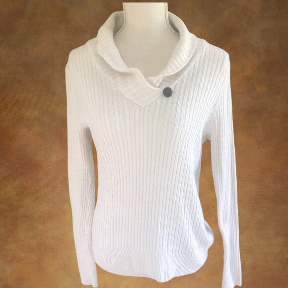 Jeanne Pierre Shawl Collar Cable Knit Sweater Small Cream, 100% Cotton - Picture 1 of 8